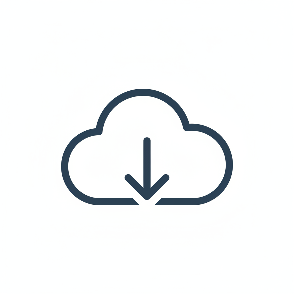 Minimal vector icon of a cloud with a downward download arrow, simple outline style, single color dark blue, rounded strokes, flat 2D design, no gradients, no shadows, no text, white background, clean UI/UX icon, modern SaaS style, centered, high contrast, SVG-friendly, stroke-based icon, professional software website icon.